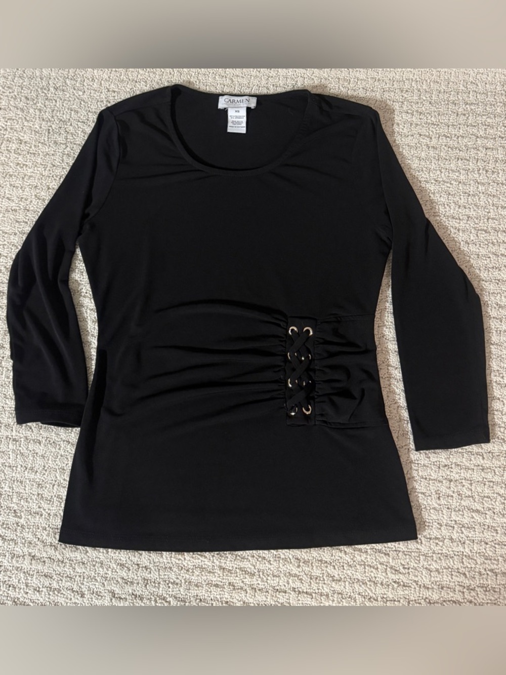 Carmen Marc Valvo Black 3/4 Sleeve Lace-Up Waist Top
